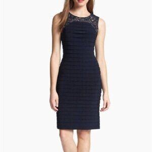 Adrianna Papell navy shutter pleated sheath dress size 8 sleeveless lace